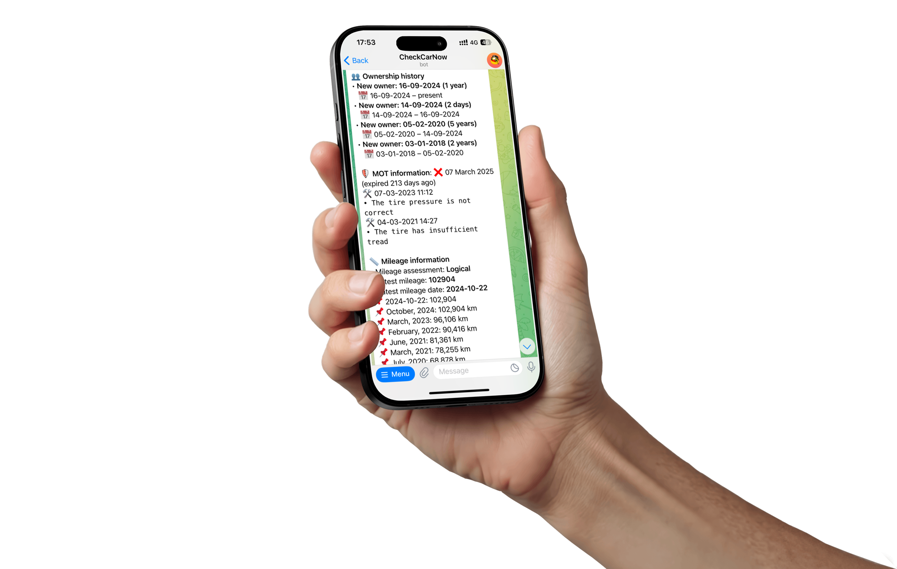 Hand holding a phone showing the CheckCarNow report interface